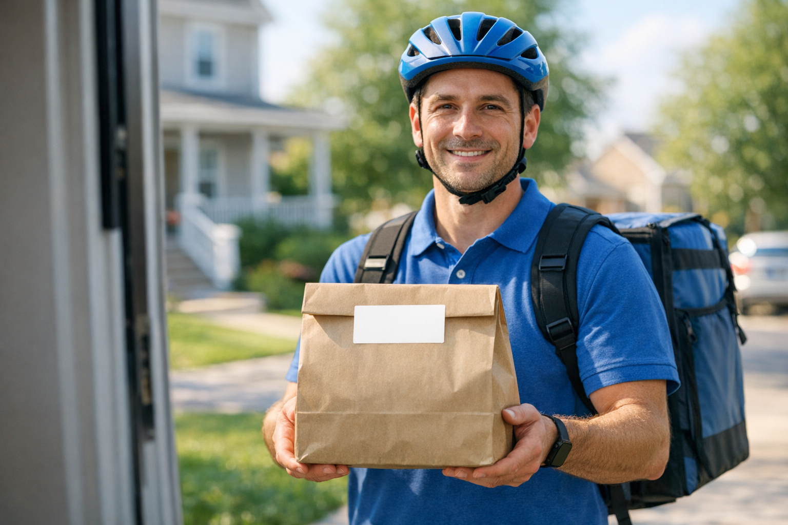 Delivery courier holding a packaged sandwich bag at a doorstep